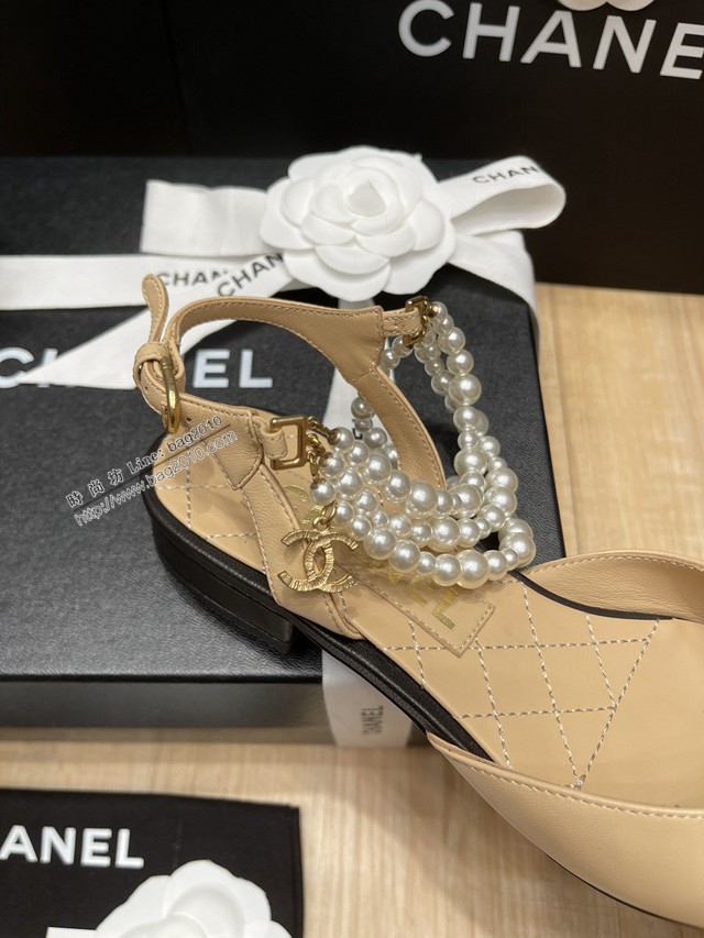 chanel2022最新爆款珍珠涼鞋 香奈兒尖頭平跟涼鞋 dx3348